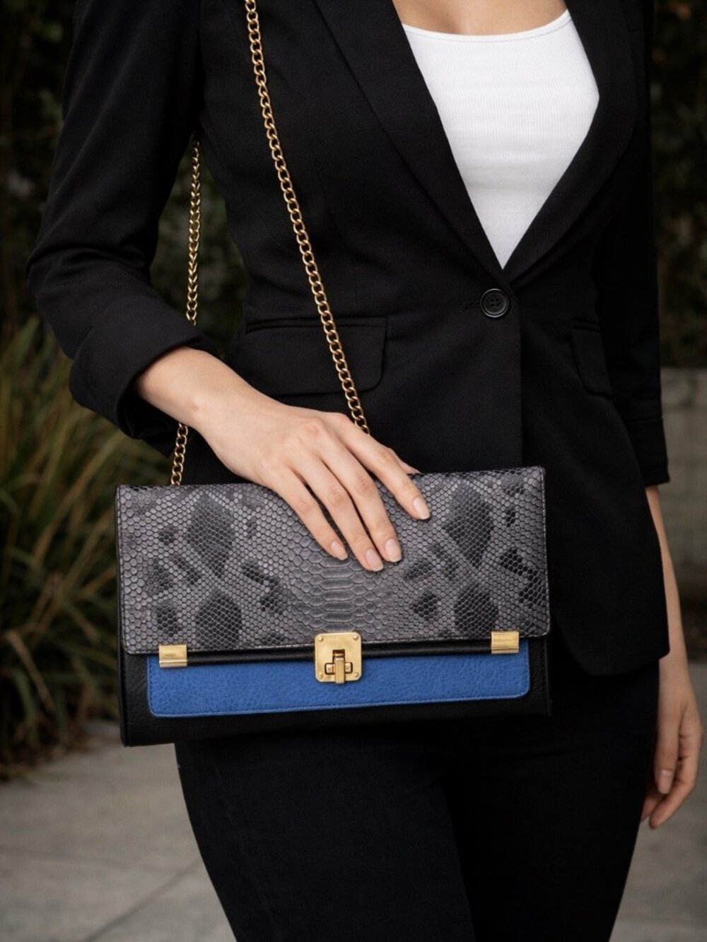 Faux Leather Handbag Snakeskin Clutch Bag Envelope Purse Pouch Blue
